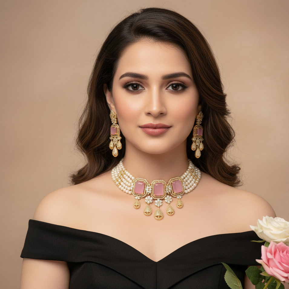 Elegant 5-Layered Pearl Choker Necklace Set with Pink Stones