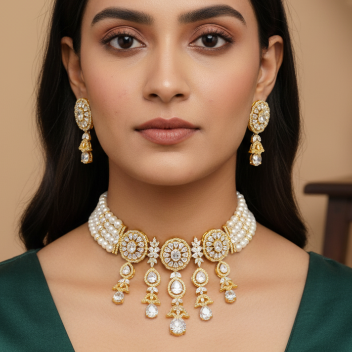 Three Line Button Pearl Choker Necklace Set with white cz stones