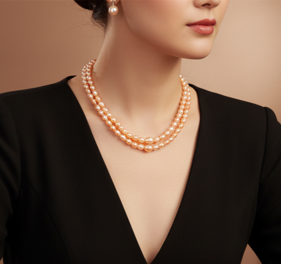 Traditional Graded Oval Peach and Pink Pearl Necklace