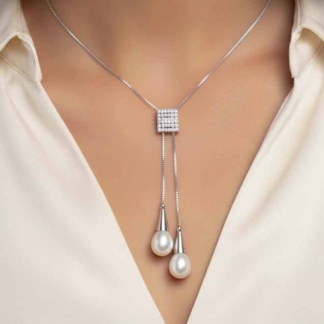 Pretty Silver & Pearl Drops Necklace