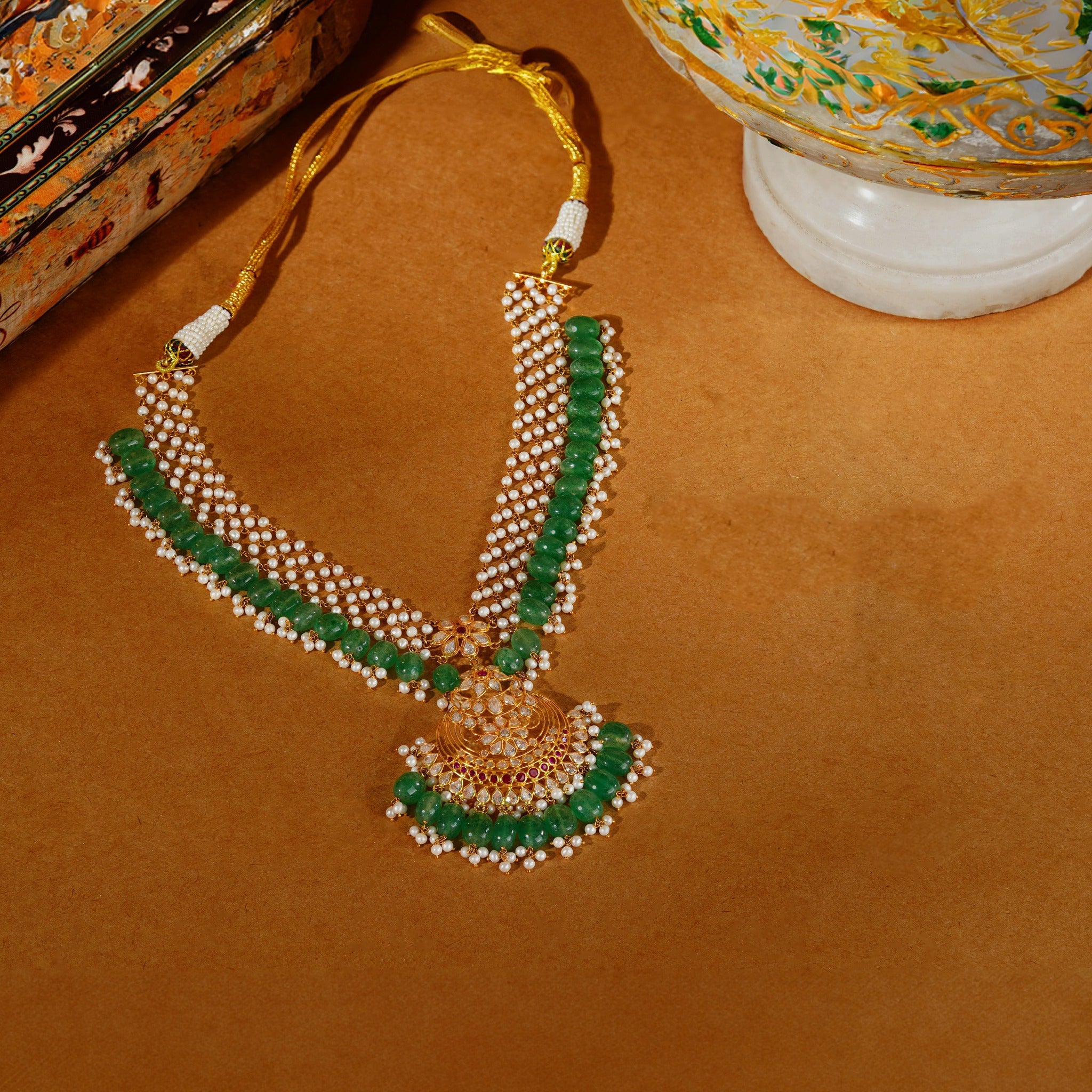 Radiant Elegance Exquisite Emerald Beads Necklace - Krishna Jewellers Pearls and Gems