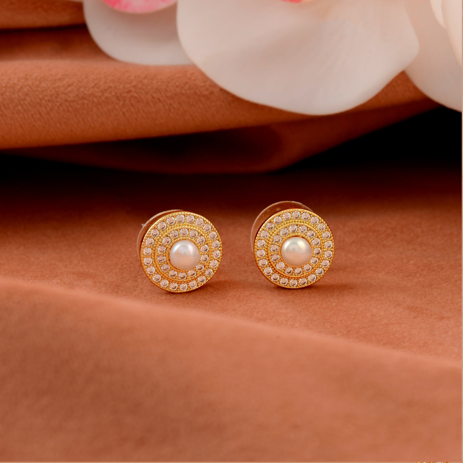 Golden Halo Pearl Studs (Gold Plated Freshwater Pearl Stud Earrings with CZ Accents)