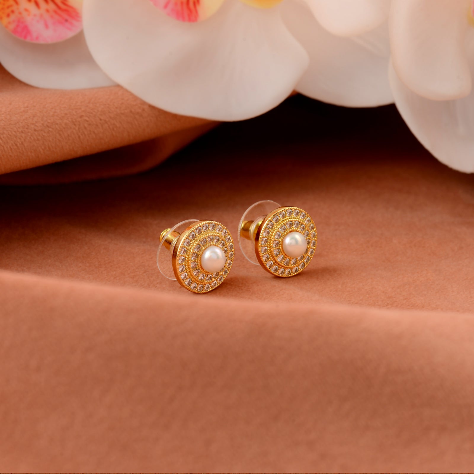 Golden Halo Pearl Studs (Gold Plated Freshwater Pearl Stud Earrings with CZ Accents)