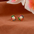 Multicolour Gem-Accented Pearl Stud Earrings (Freshwater Pearl Stud Earrings with Coloured Stone Accents)