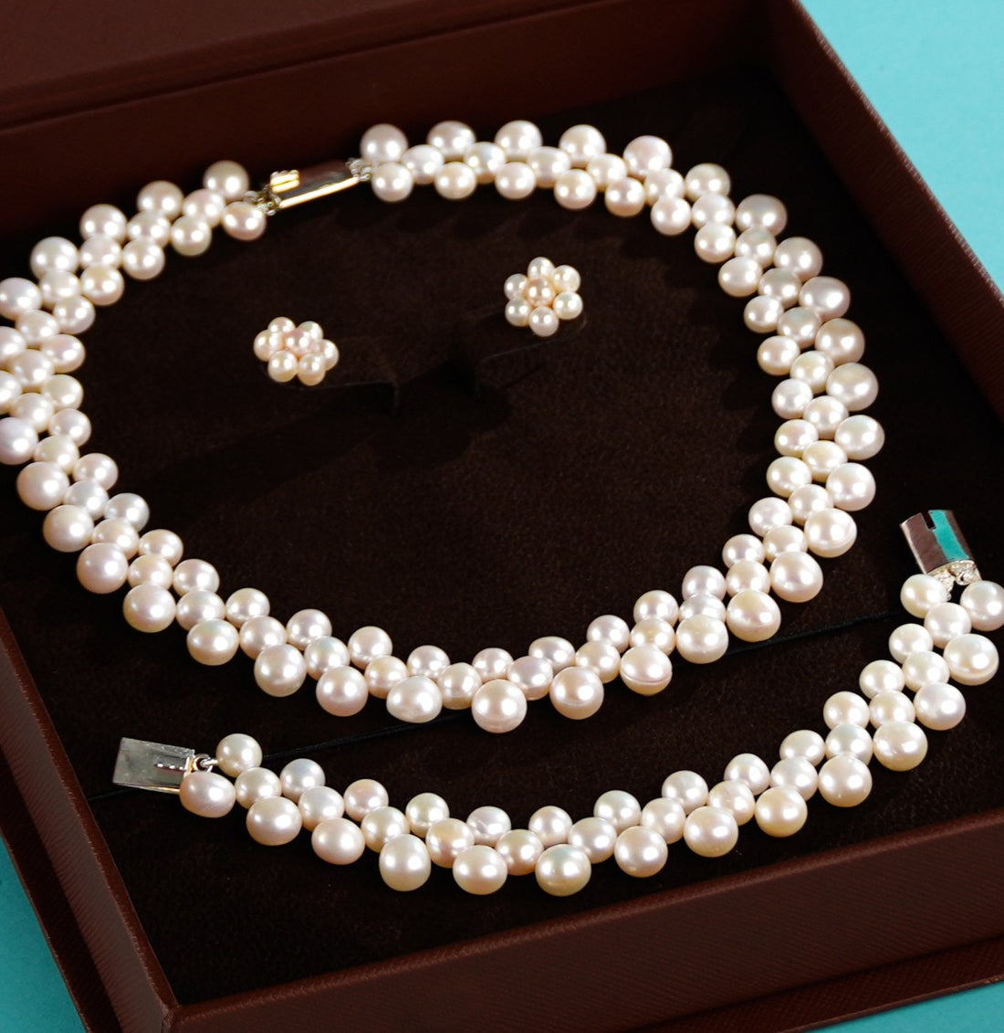 Ornate Weave set (Freshwater Pearl Necklace, Bracelet & Stud Earrings Set)