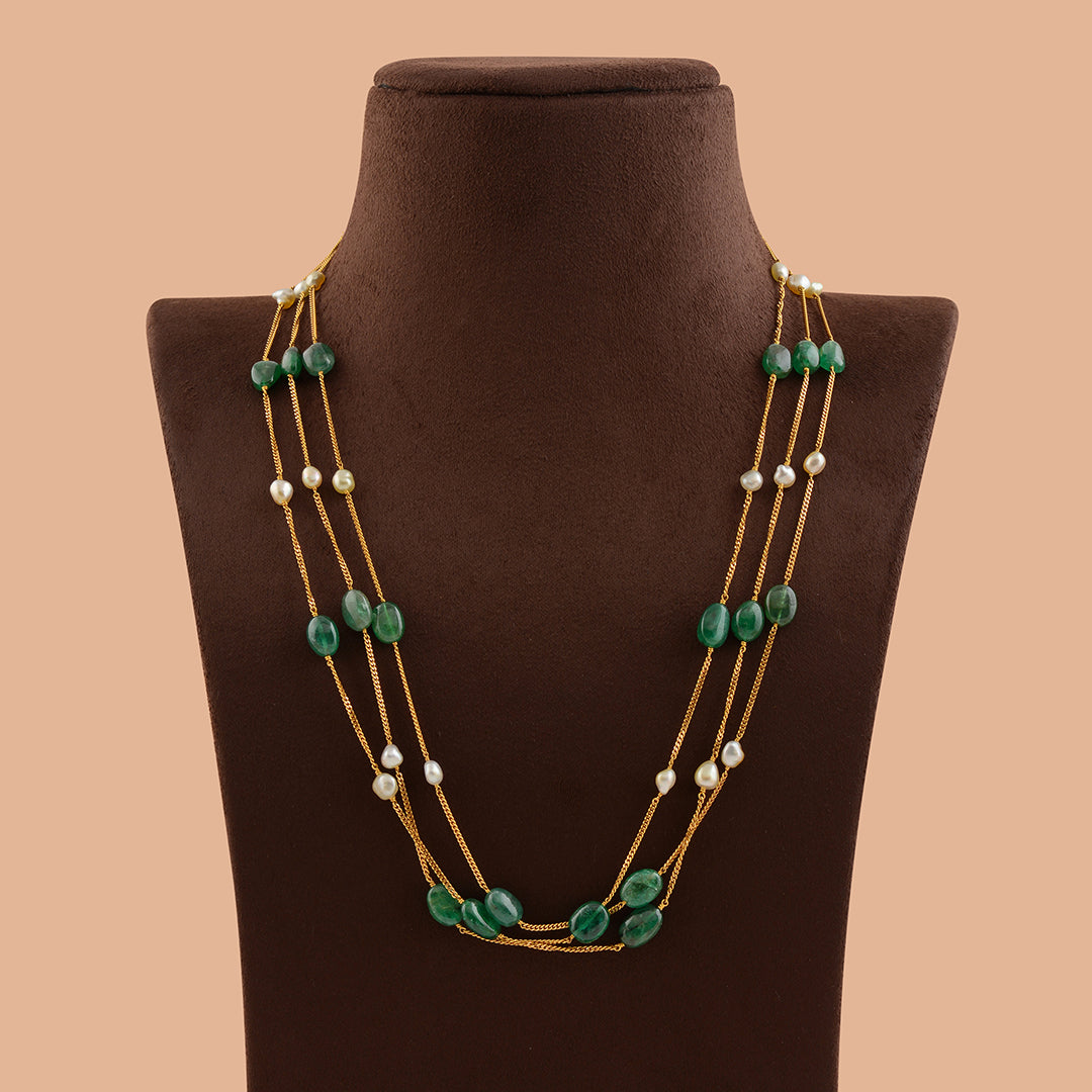 Gold Pearl Necklace With Emerald Beads - Krishna Jewellers Pearls and Gems