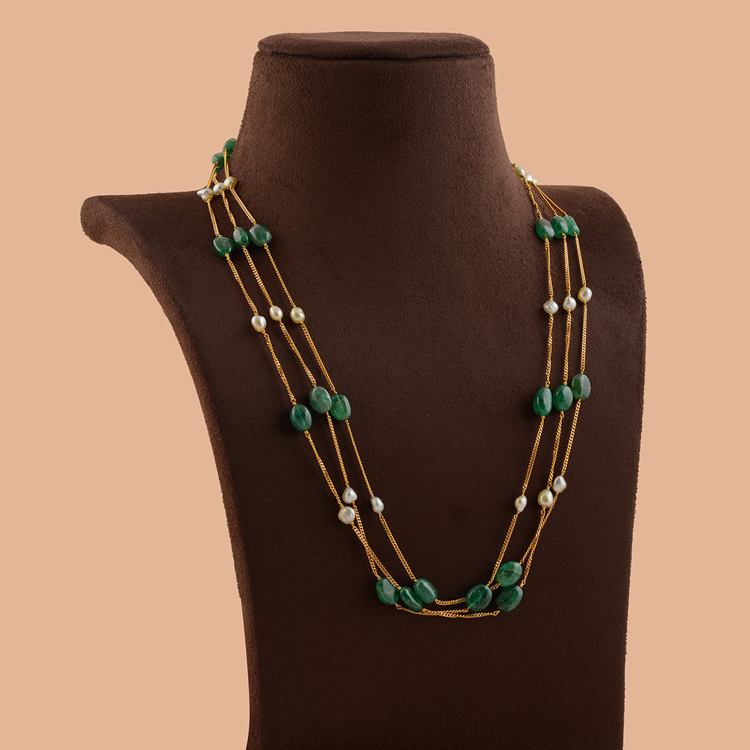 Gold Pearl Necklace With Emerald Beads - Krishna Jewellers Pearls and Gems