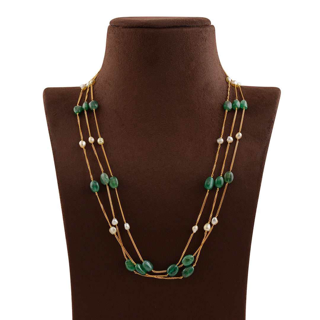Gold Pearl Necklace With Emerald Beads - Krishna Jewellers Pearls and Gems