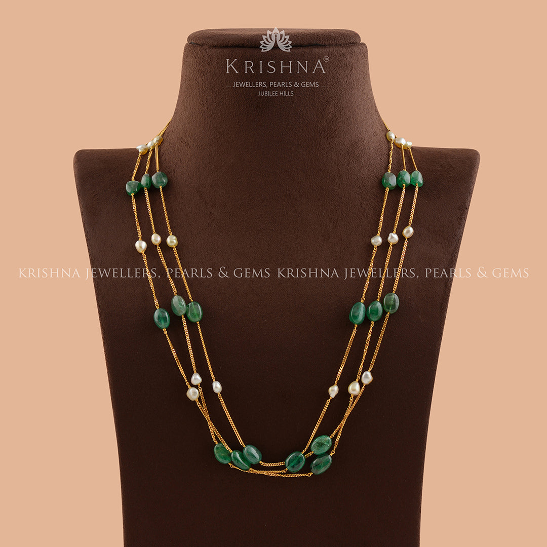 Gold Pearl Necklace With Emerald Beads - Krishna Jewellers Pearls and Gems