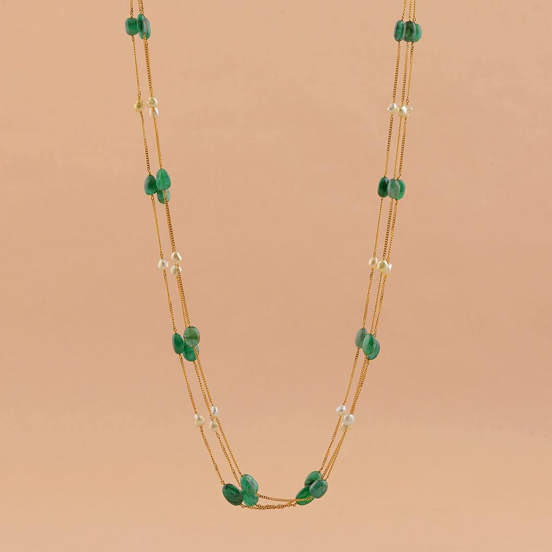 Gold Pearl Necklace With Emerald Beads - Krishna Jewellers Pearls and Gems