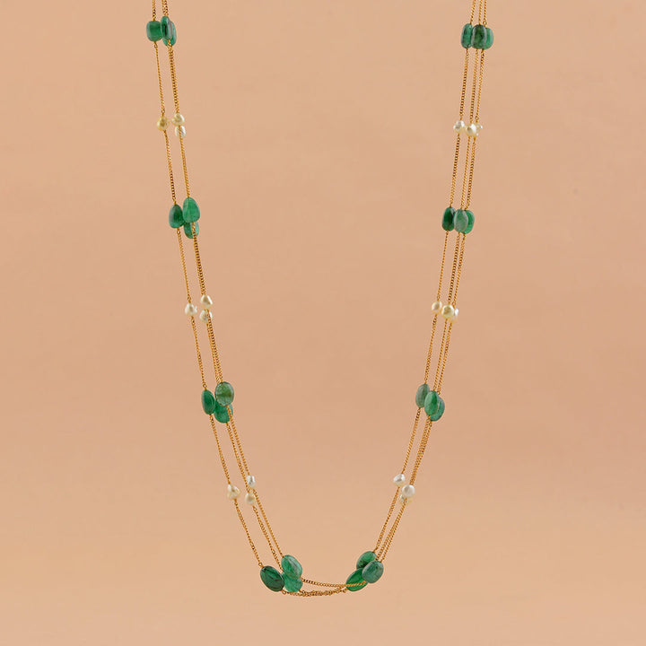 Gold Pearl Necklace With Emerald Beads - Krishna Jewellers Pearls and Gems