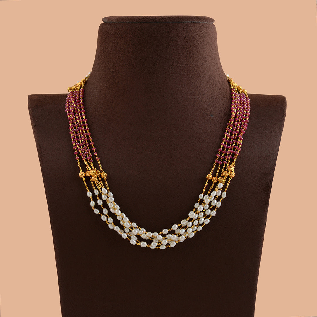 Multiline Rice Pearl Necklace in Gold - Krishna Jewellers Pearls and Gems