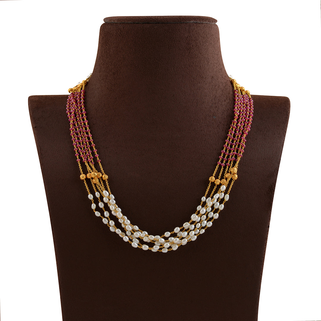 Multiline Rice Pearl Necklace in Gold - Krishna Jewellers Pearls and Gems