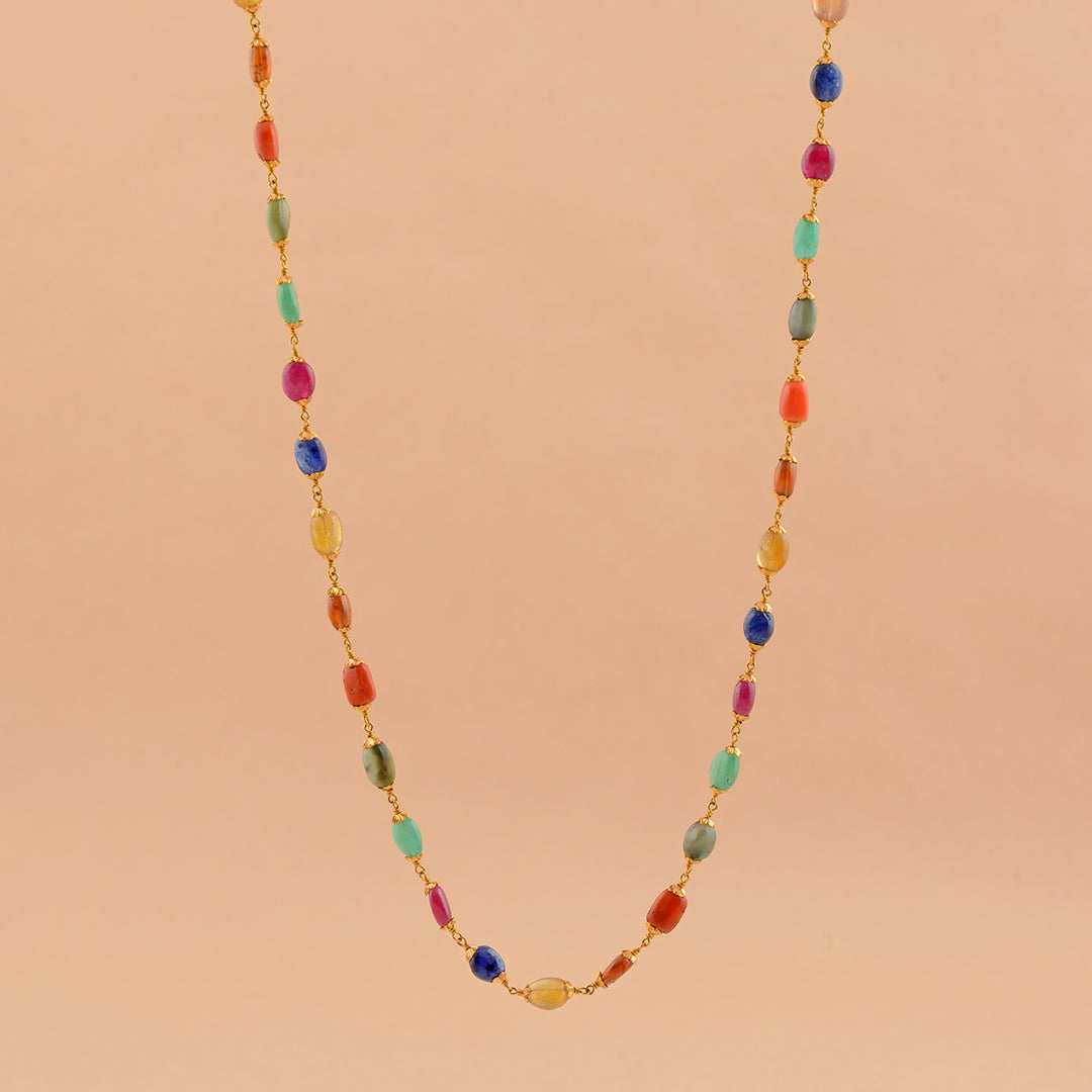 Celestial Sparkle: Navaratna Gold Necklace - Krishna Jewellers Pearls and Gems