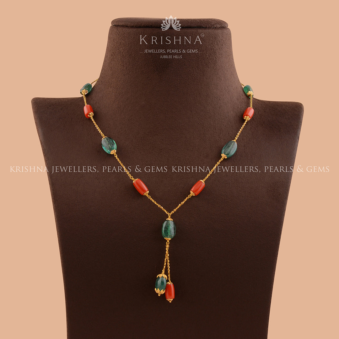 Exotic Coral and Emerald Gold Chain - Krishna Jewellers Pearls and Gems
