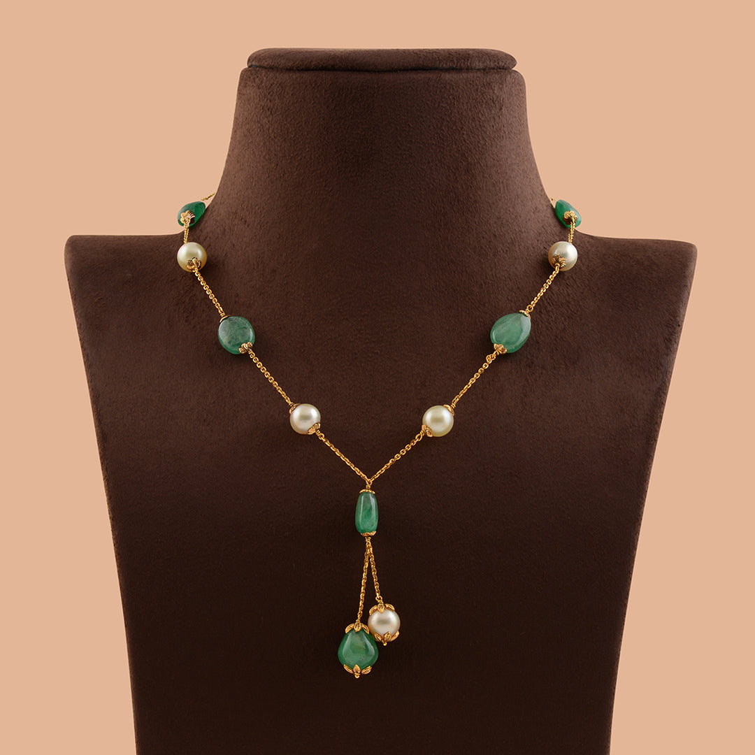 Pearl and Emerald Necklace With Nakshi Balls - Krishna Jewellers Pearls and Gems