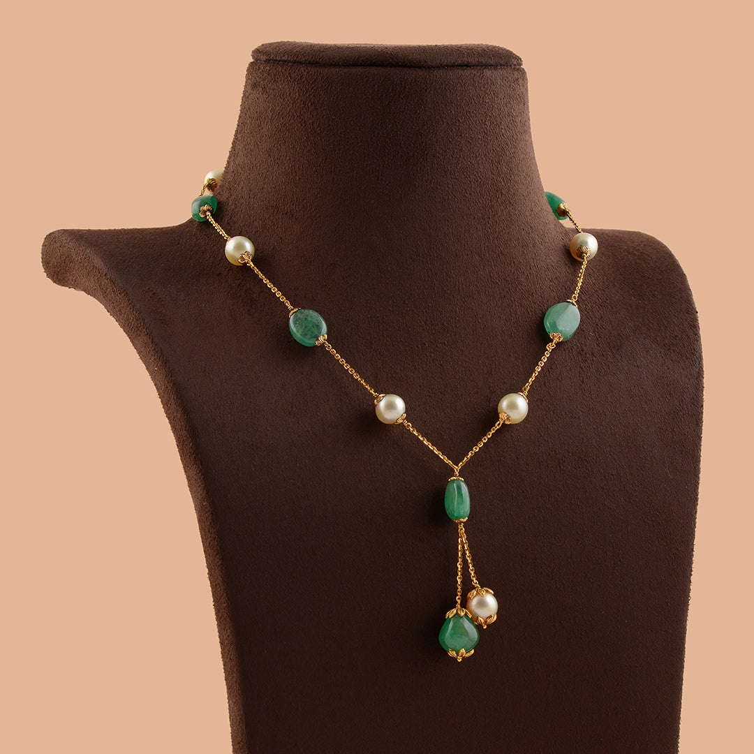 Pearl and Emerald Necklace With Nakshi Balls - Krishna Jewellers Pearls and Gems