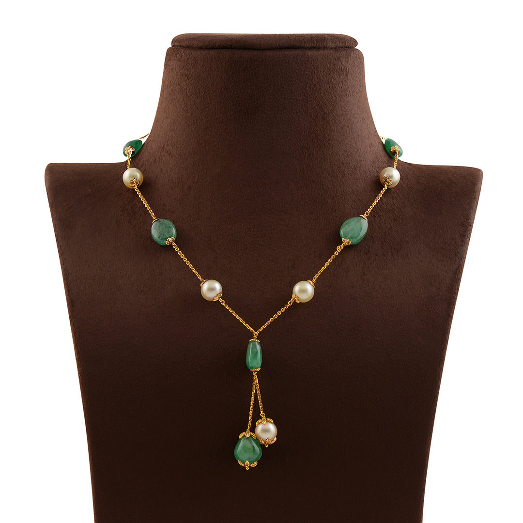 Pearl and Emerald Necklace With Nakshi Balls - Krishna Jewellers Pearls and Gems