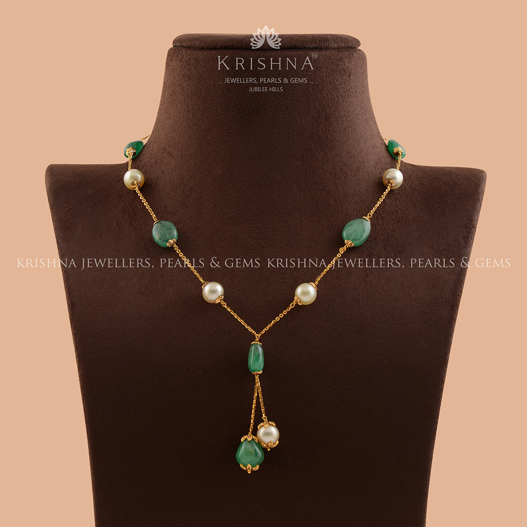 Pearl and Emerald Necklace With Nakshi Balls - Krishna Jewellers Pearls and Gems