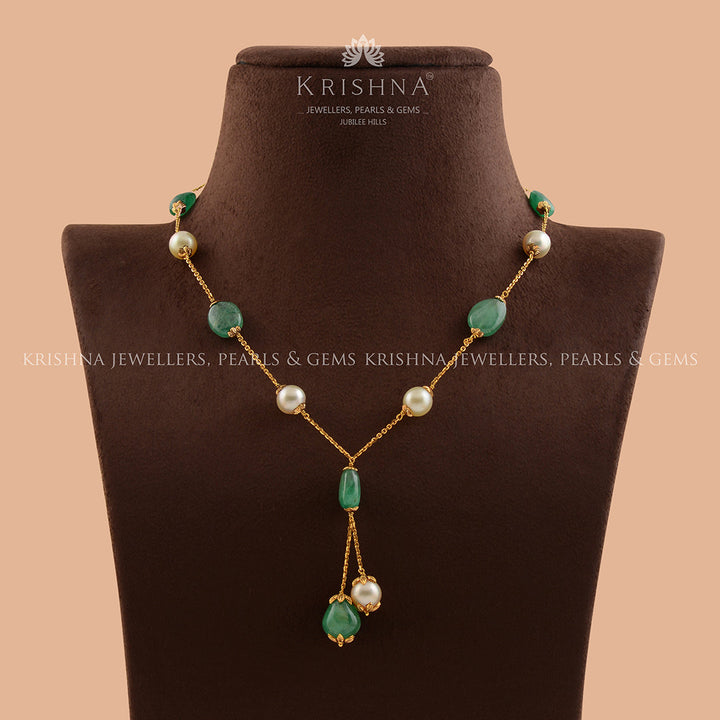 Pearl and Emerald Necklace With Nakshi Balls - Krishna Jewellers Pearls and Gems