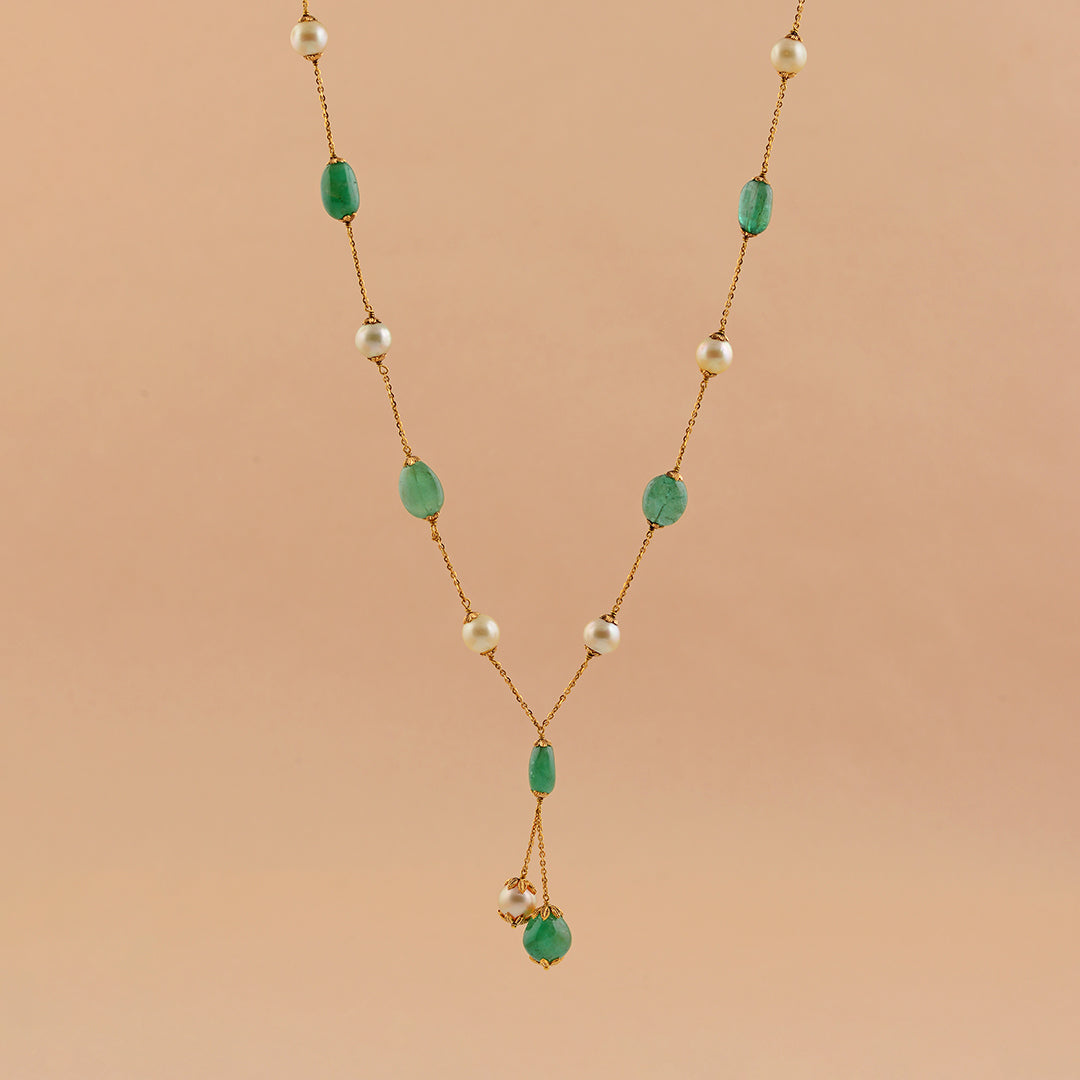Pearl and Emerald Necklace With Nakshi Balls - Krishna Jewellers Pearls and Gems