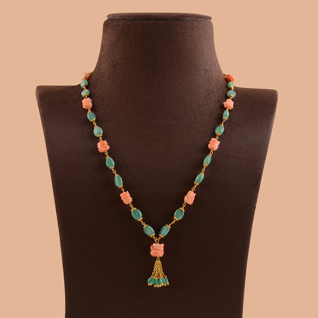 Emerald and Coral Gold Necklace - Krishna Jewellers Pearls and Gems