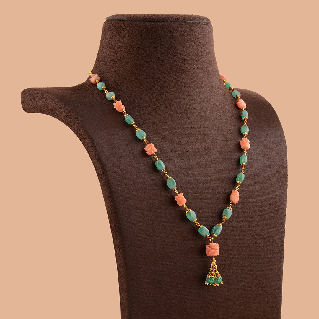 Emerald and Coral Gold Necklace - Krishna Jewellers Pearls and Gems