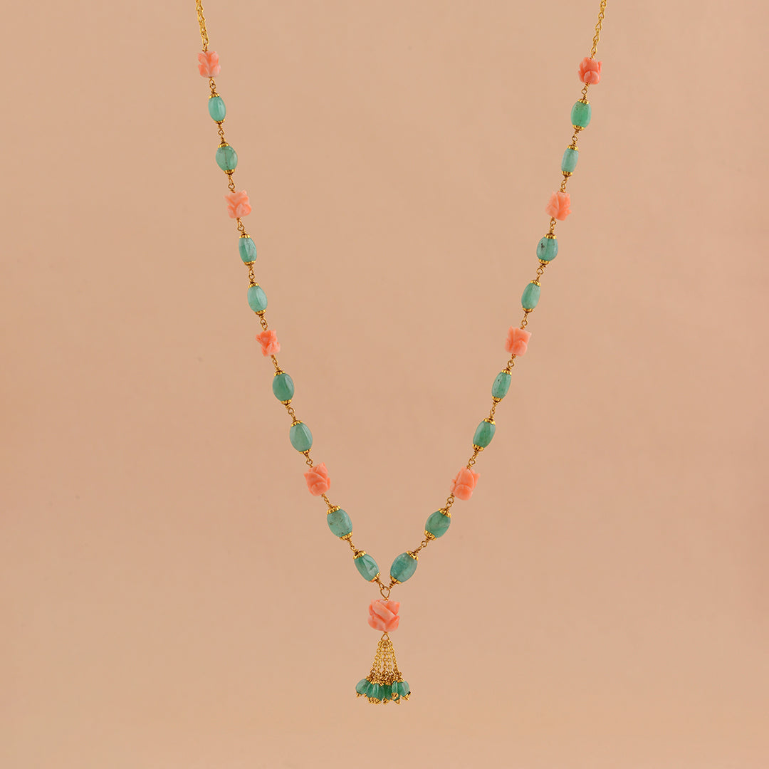 Emerald and Coral Gold Necklace - Krishna Jewellers Pearls and Gems