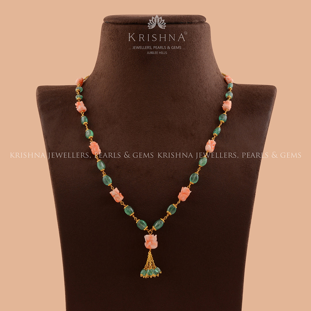 Classic Emerald and Coral Necklace - Krishna Jewellers Pearls and Gems