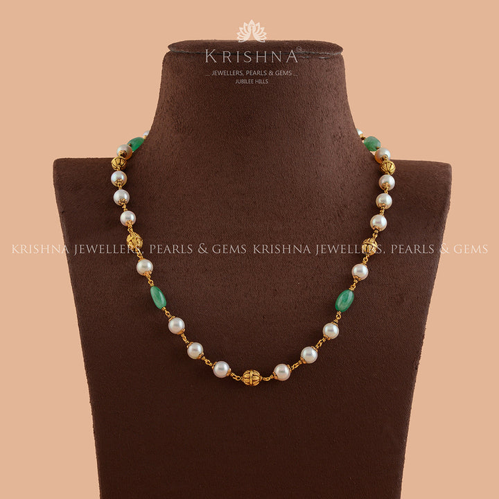 Deluxe Pearl and Emerald Gold Chain - Krishna Jewellers Pearls and Gems
