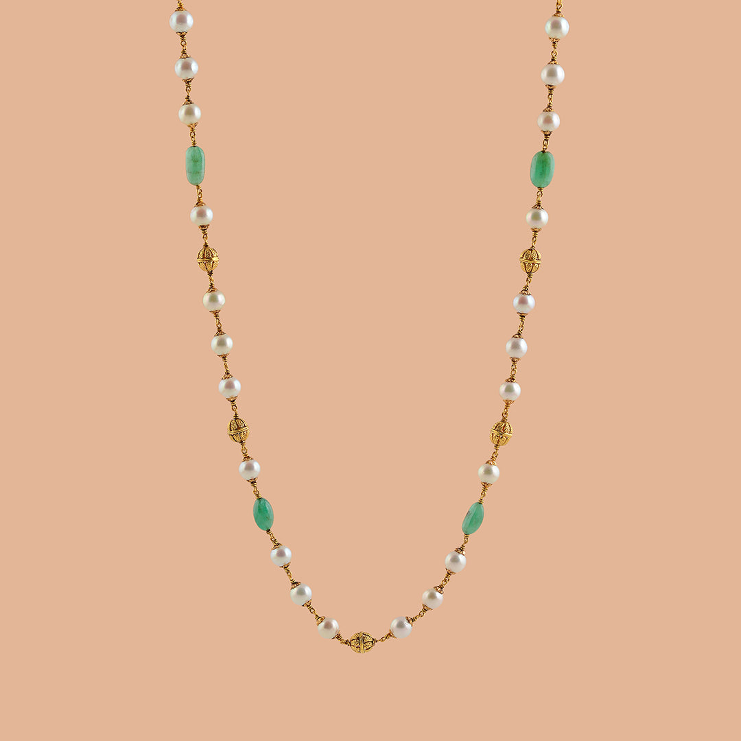 Deluxe Pearl and Emerald Gold Chain - Krishna Jewellers Pearls and Gems