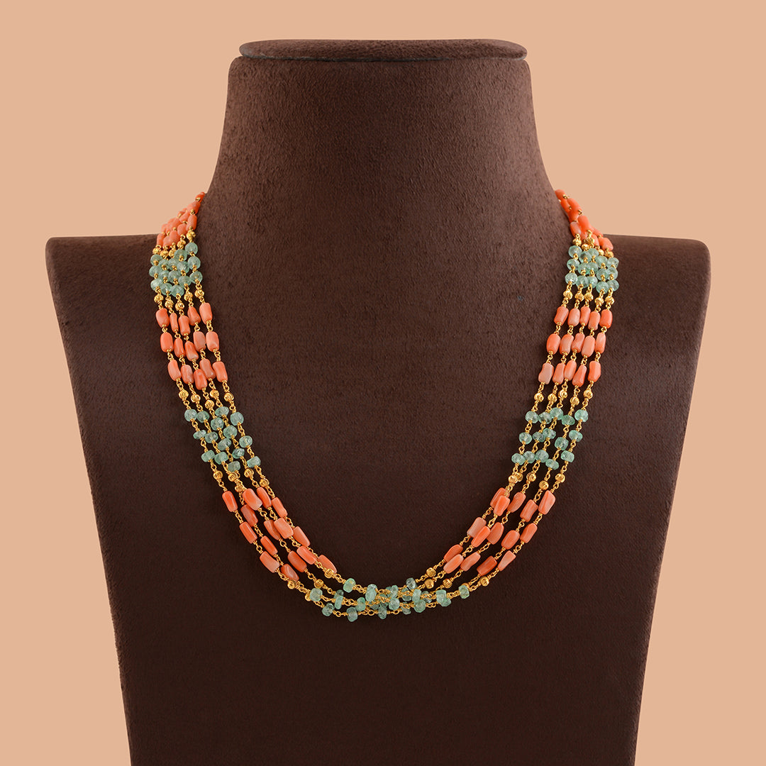 Coral And Emeralds  Beeds Gold Necklace - Krishna Jewellers Pearls and Gems