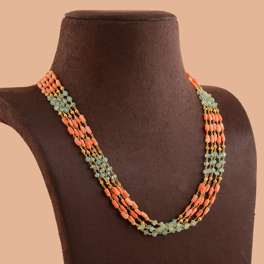 Coral And Emeralds  Beeds Gold Necklace - Krishna Jewellers Pearls and Gems