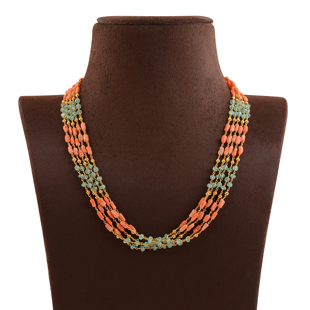 Coral And Emeralds  Beeds Gold Necklace - Krishna Jewellers Pearls and Gems