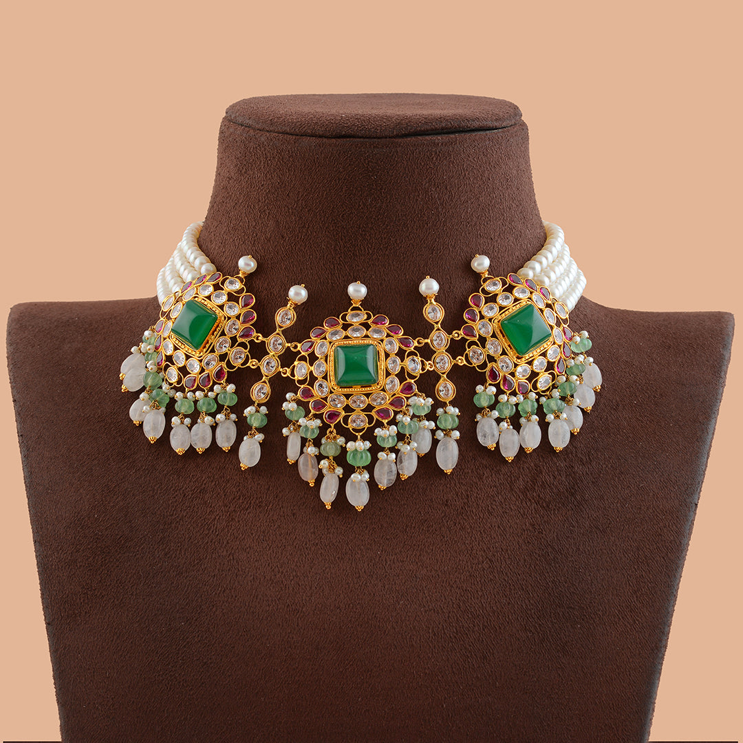 Eccentric Multistone Gold Pearl Choker - Krishna Jewellers Pearls and Gems