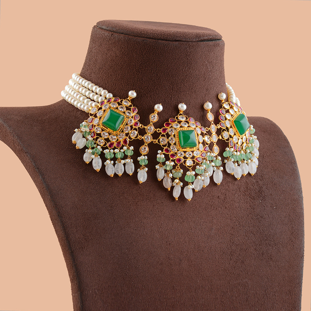 Eccentric Multistone Gold Pearl Choker - Krishna Jewellers Pearls and Gems