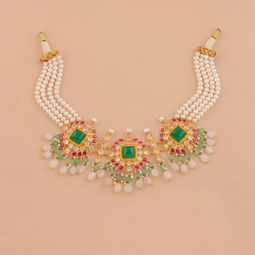 Eccentric Multistone Gold Pearl Choker - Krishna Jewellers Pearls and Gems