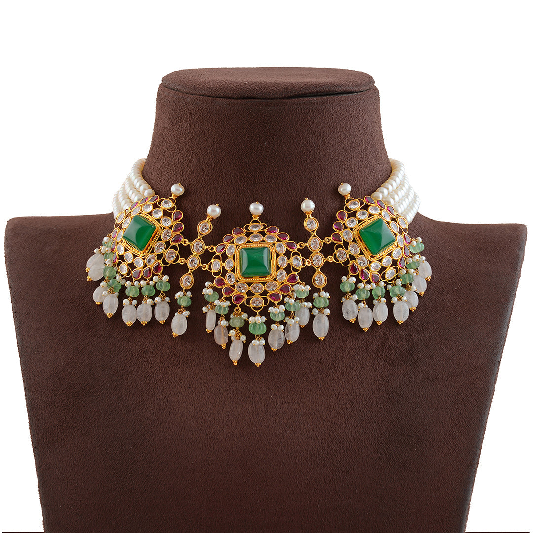 Eccentric Multistone Gold Pearl Choker - Krishna Jewellers Pearls and Gems