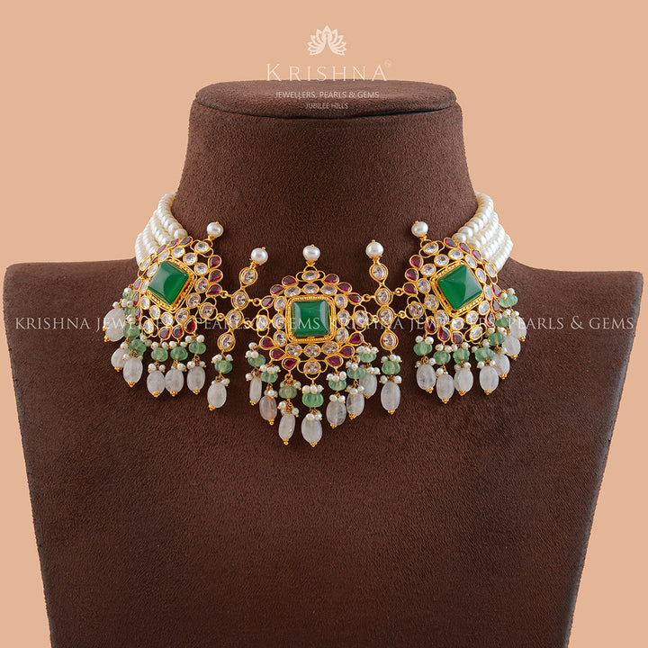 Eccentric Multistone Gold Pearl Choker - Krishna Jewellers Pearls and Gems