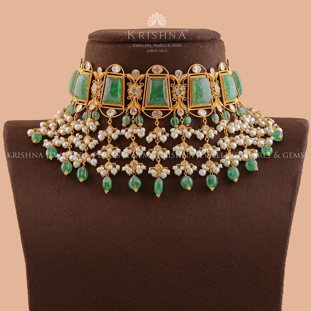 Tradtional Gold Pearl Necklace With Beads - Krishna Jewellers Pearls and Gems