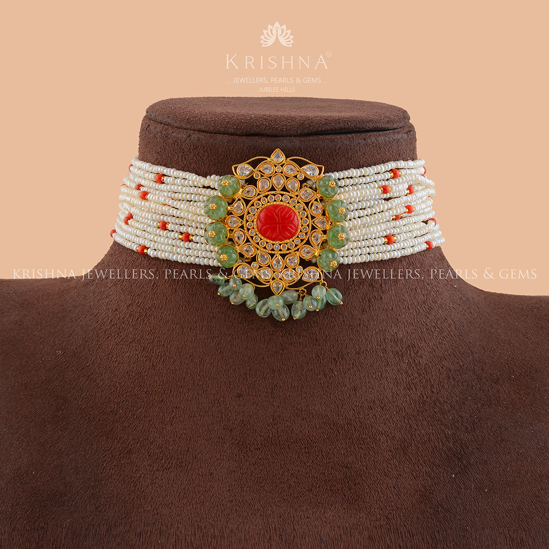 Gold Pearl Choker - Elegant Gold Pendant - Krishna Jewellers Pearls and Gems