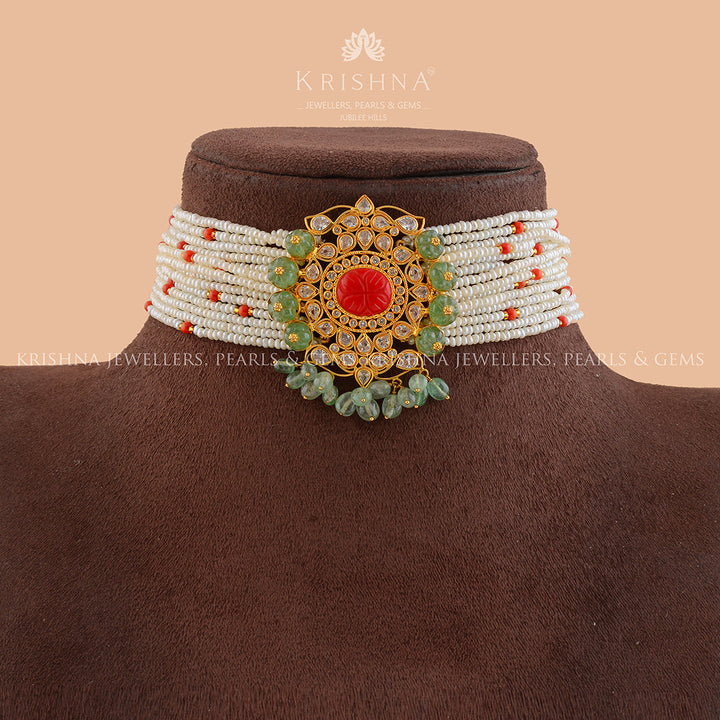 Gold Pearl Choker - Elegant Gold Pendant - Krishna Jewellers Pearls and Gems