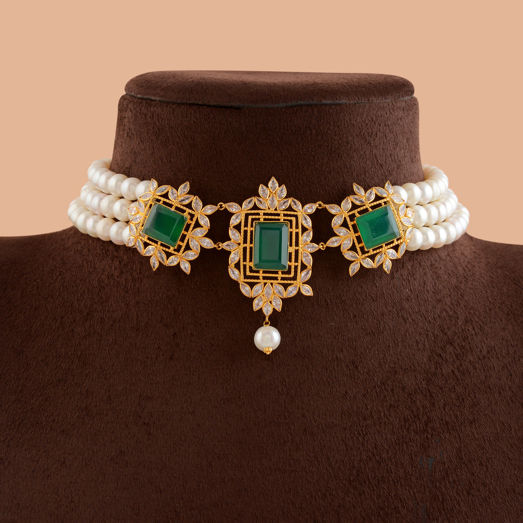Gold Pearl Choker With Green Pendant - Krishna Jewellers Pearls and Gems