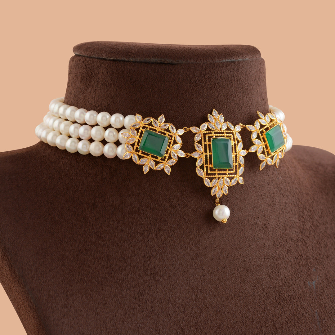 Gold Pearl Choker With Green Pendant - Krishna Jewellers Pearls and Gems