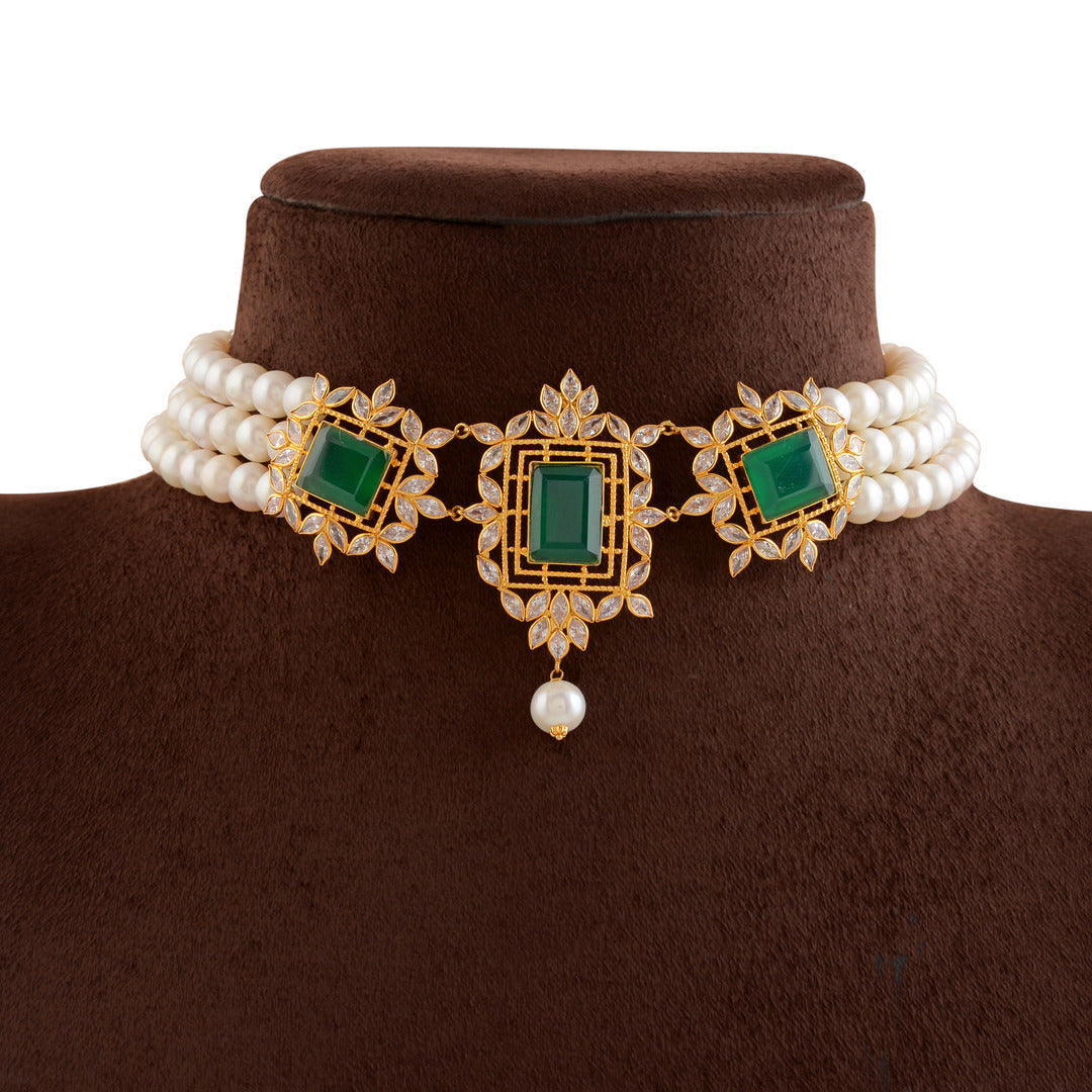 Gold Pearl Choker With Green Pendant - Krishna Jewellers Pearls and Gems