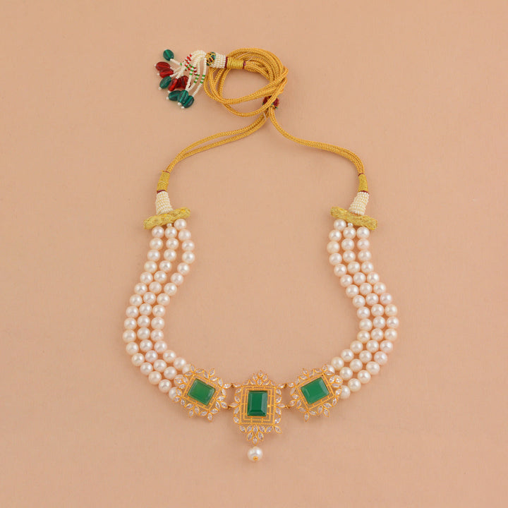 Gold Pearl Choker With Green Pendant - Krishna Jewellers Pearls and Gems