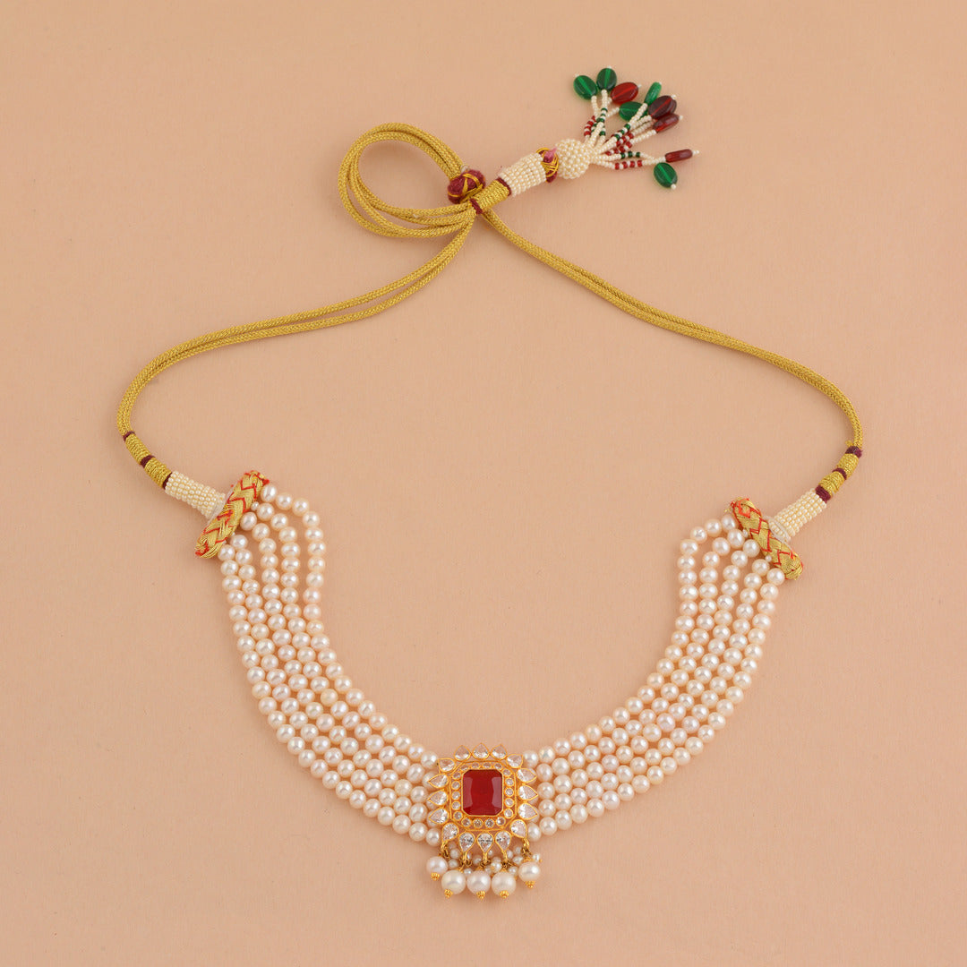 Gold Pearl With Ruby Choker Necklace - Krishna Jewellers Pearls and Gems