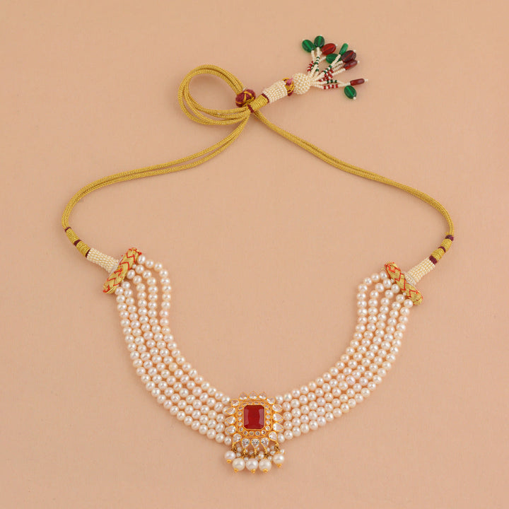 Gold Pearl With Ruby Choker Necklace - Krishna Jewellers Pearls and Gems