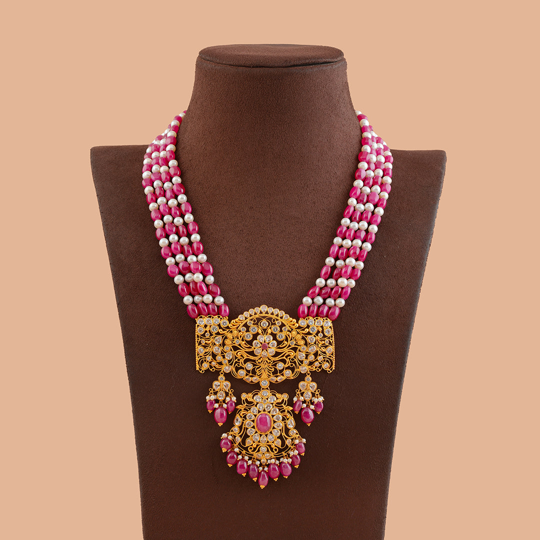 Royal Gold Pearl and Beads Long Necklace With Gold Pendant - Krishna Jewellers Pearls and Gems