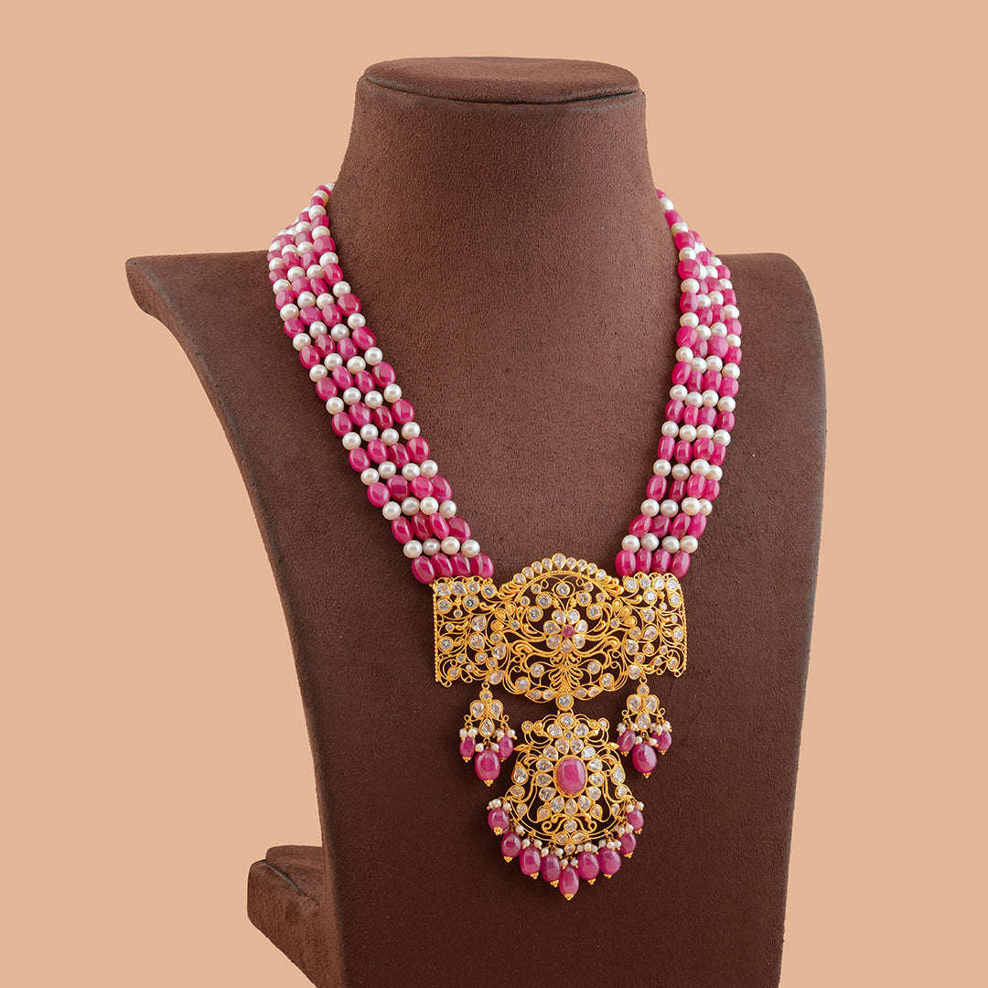 Royal Gold Pearl and Beads Long Necklace With Gold Pendant - Krishna Jewellers Pearls and Gems